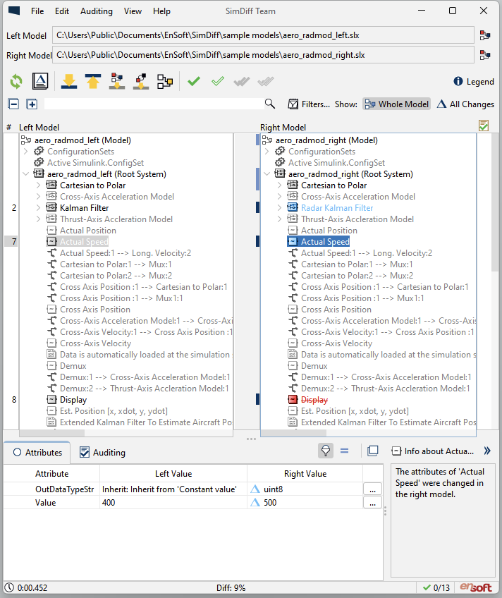 SimDiff comparison of aero_radmod_left and aero_radmod_right, with Actual Speed selected and its Value changed from 400 to 500 in the Attributes view