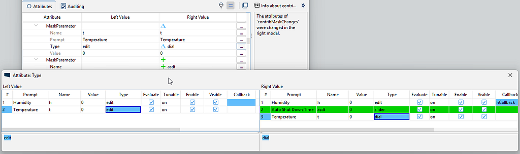 Mask parameter tables side by side, with a changed Type cell in blue and an added Auto Shut Down Time row in green