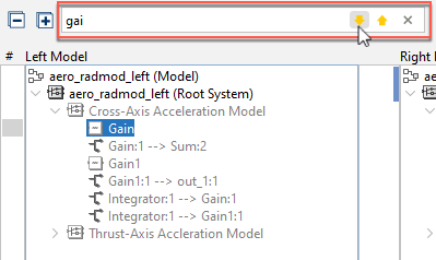 SimDiff search box with the term gai, filtering the left model tree to Gain blocks