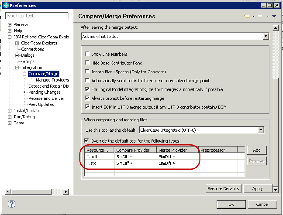 ClearTeam Explorer Compare/Merge preferences with Override default tool checked, and *.mdl and *.slx both set to the SimDiff 4 provider, circled in red
