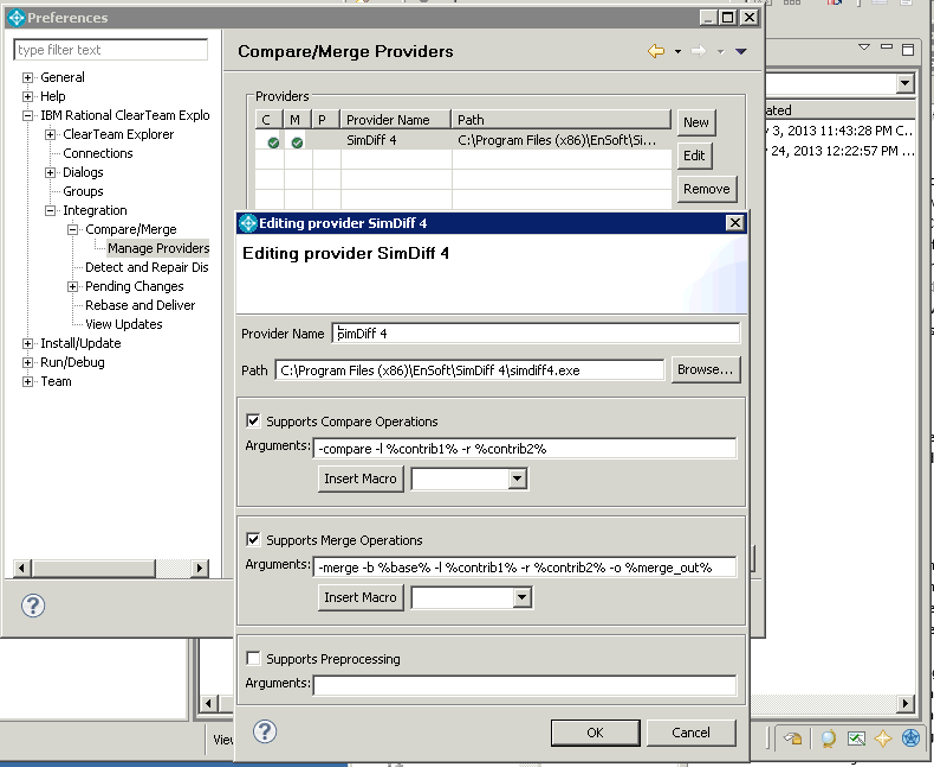 ClearTeam Explorer Preferences, Compare/Merge Manage Providers, editing provider SimDiff 4 with path C:\\Program Files (x86)\\EnSoft\\SimDiff 4\\simdiff4.exe and the compare and merge arguments filled in