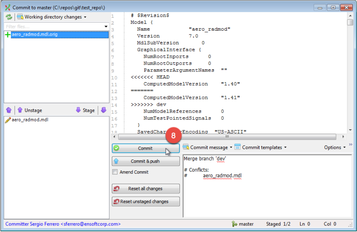 Git Extensions Commit to master window with aero_radmod.mdl staged and the Commit button marked 8