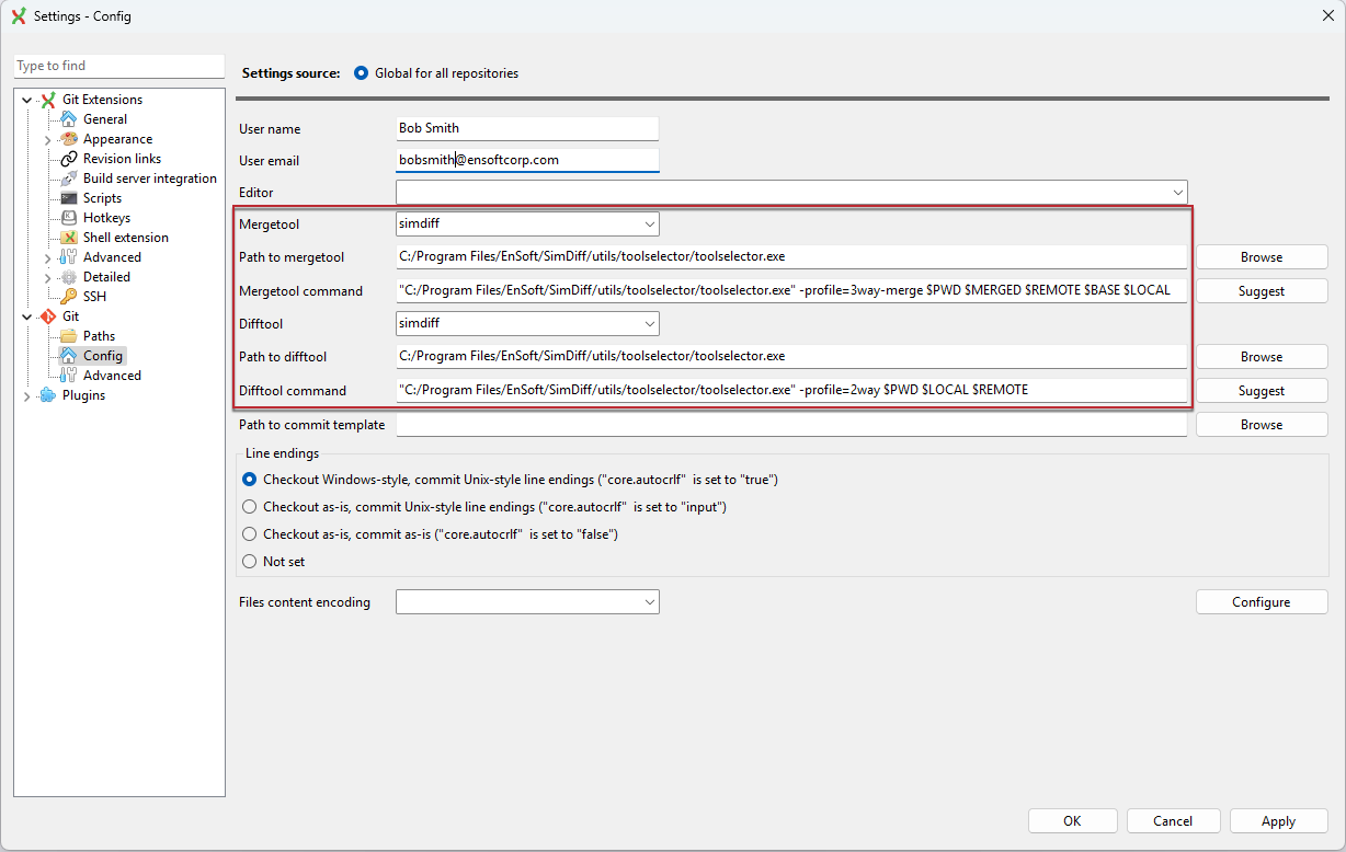 Git Extensions Settings, Git Config, with Mergetool and Difftool set to simdiff and the ToolSelector commands for profile=3way-merge and profile=2way outlined in red
