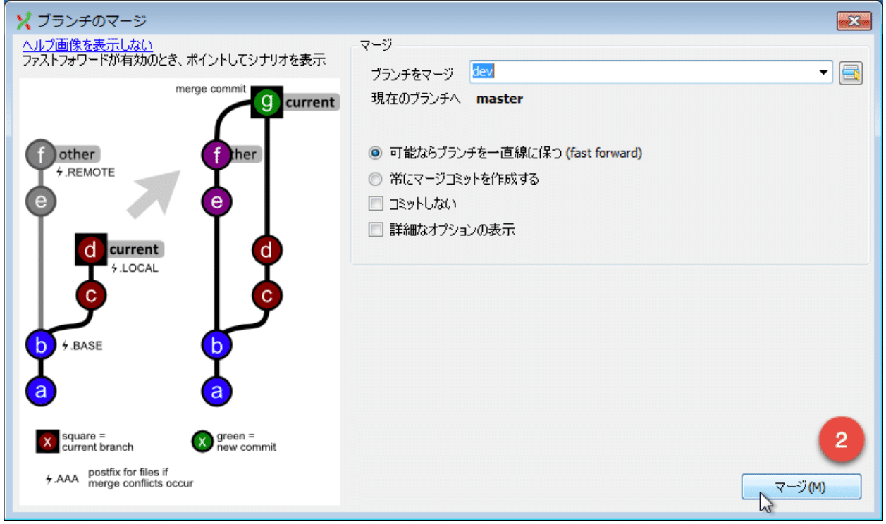 dev を master へマージする Git Extensions のブランチのマージダイアログで、マージボタンに 2 の印が付いています。