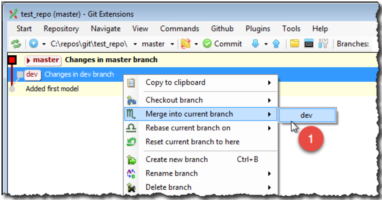 Git Extensions branch menu on dev, with Merge into current branch and then dev marked 1