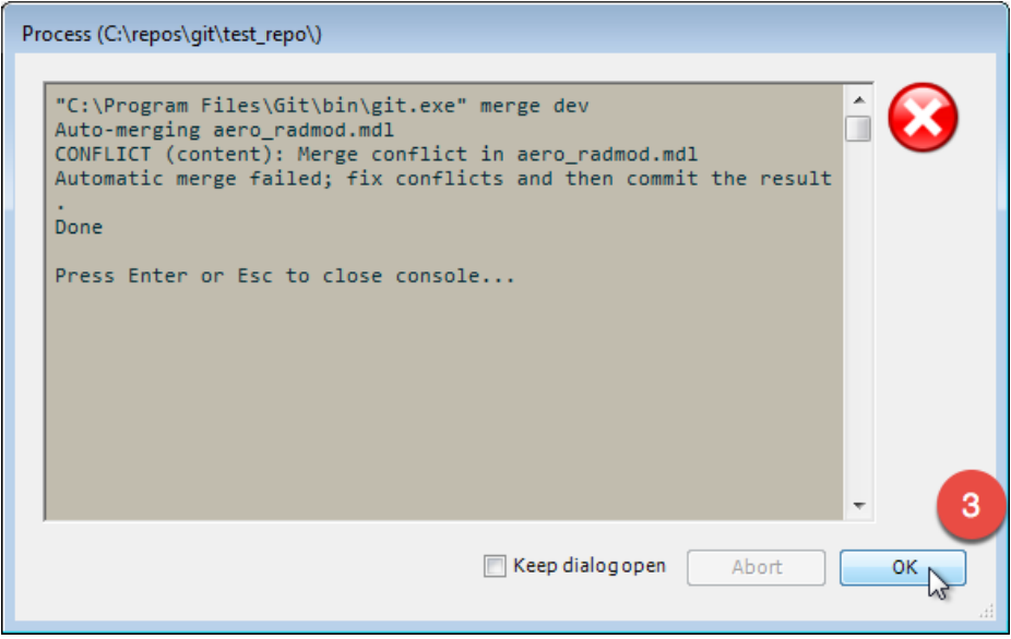 Git Extensions process window showing a content conflict in aero_radmod.mdl, with OK marked 3