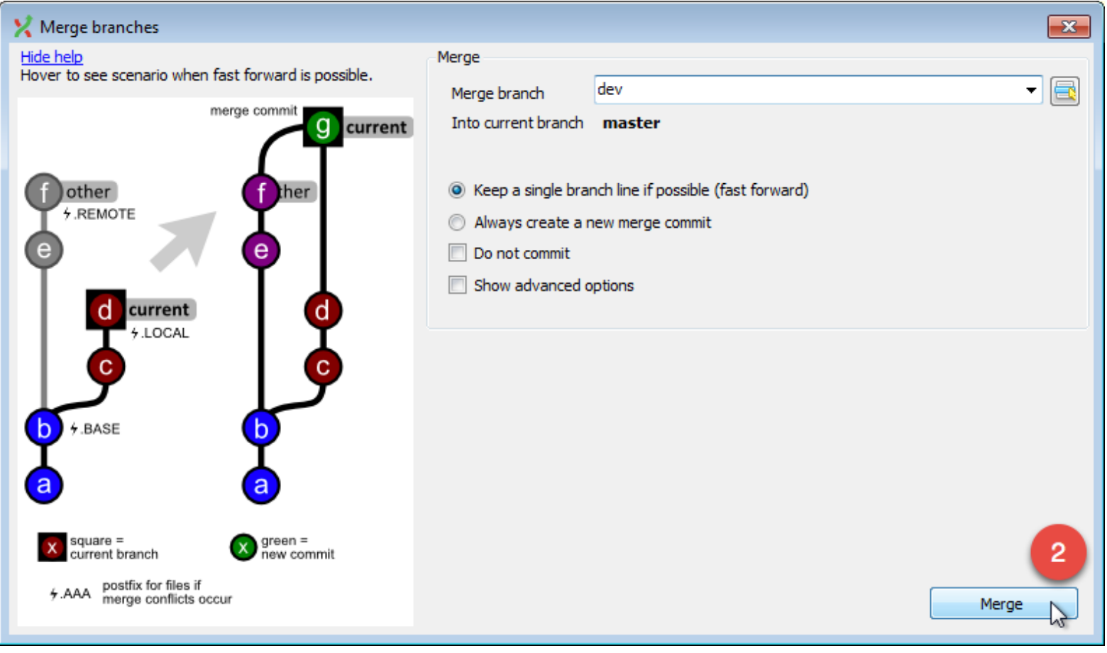 Git Extensions Merge branches dialog merging dev into master, with the Merge button marked 2