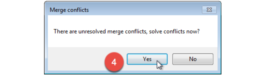Git Extensions Merge conflicts dialog asking to solve conflicts now, with Yes marked 4