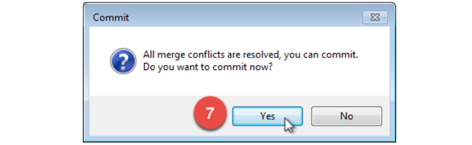 Git Extensions Commit dialog saying all merge conflicts are resolved, with Yes marked 7