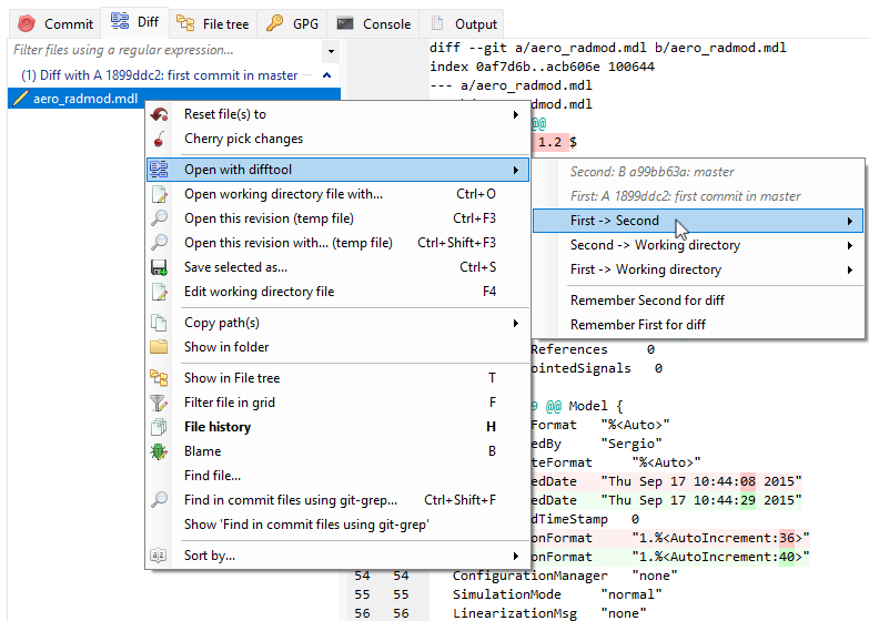 Git Extensions file menu on aero_radmod.mdl, with Open with difftool and First to Second highlighted