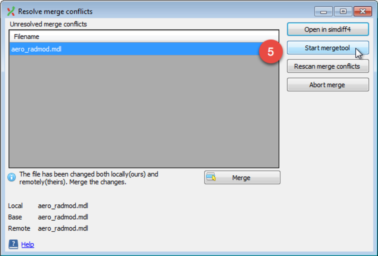 Git Extensions Resolve merge conflicts dialog with aero_radmod.mdl selected and Start mergetool marked 5