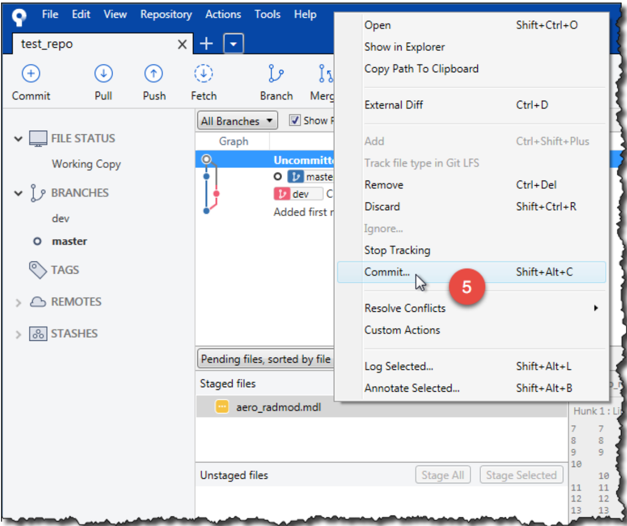 SourceTree menu on staged aero_radmod.mdl under Uncommitted changes, with Commit marked 5