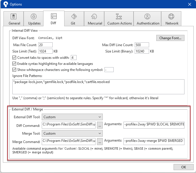 SourceTree Options on the Diff tab, with External Diff Tool and Merge Tool set to Custom and the ToolSelector commands outlined in red