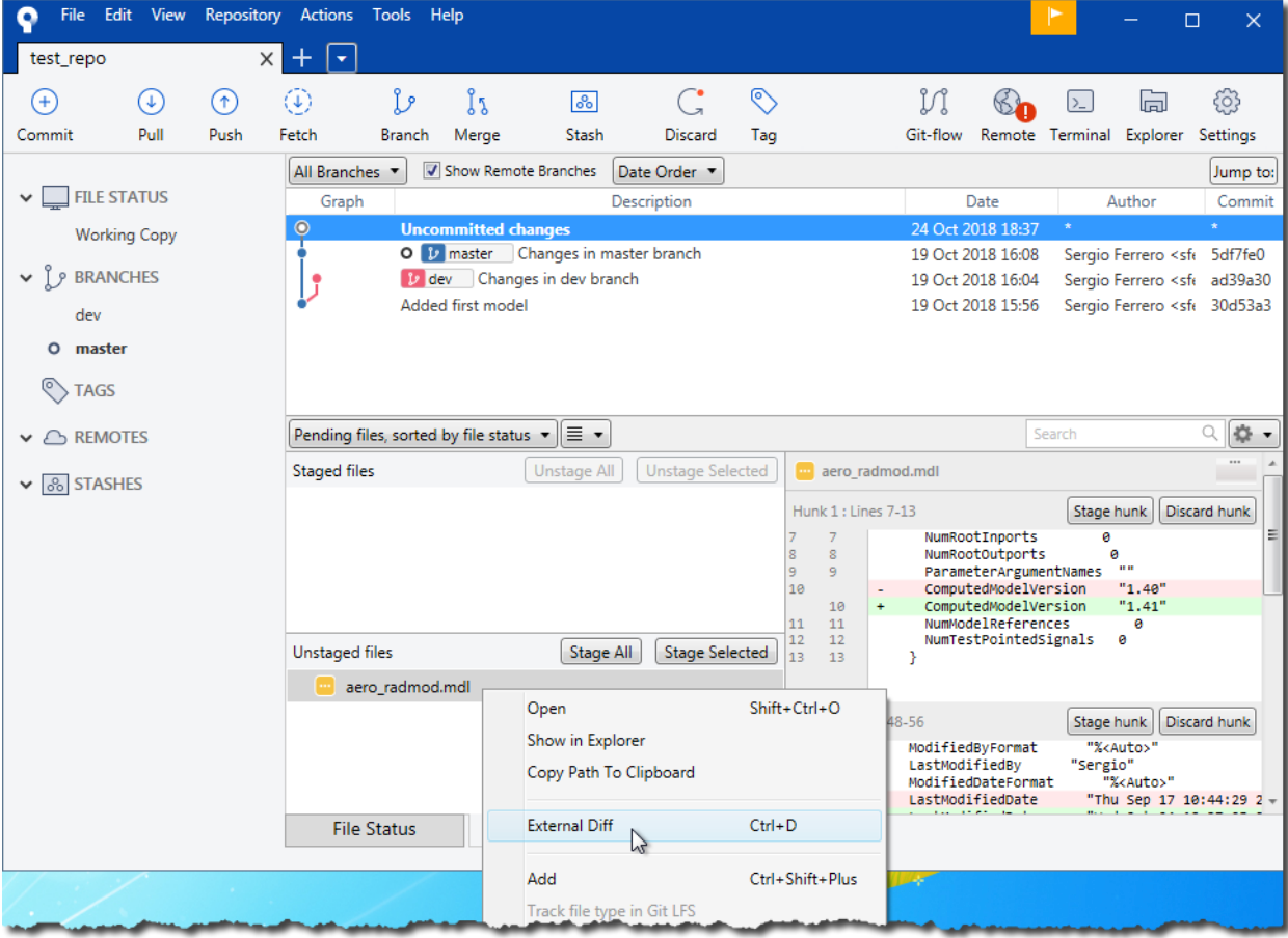 SourceTree file menu on unstaged aero_radmod.mdl, with External Diff highlighted