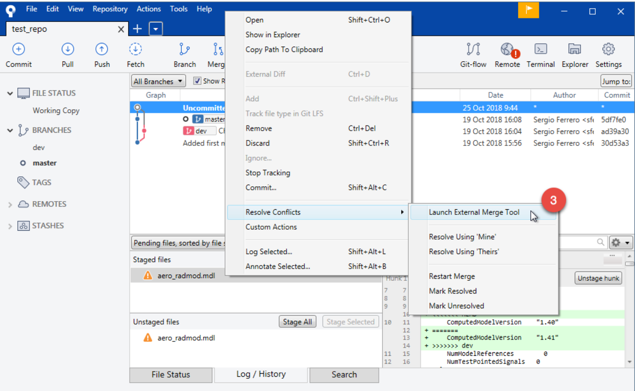 SourceTree menu on conflicted aero_radmod.mdl, with Resolve Conflicts and Launch External Merge Tool marked 3