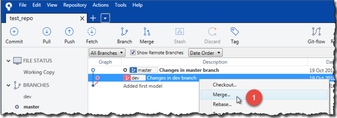 SourceTree history menu on the dev branch, with Merge marked 1