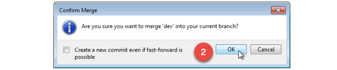 SourceTree Confirm Merge dialog asking to merge dev into the current branch, with OK marked 2