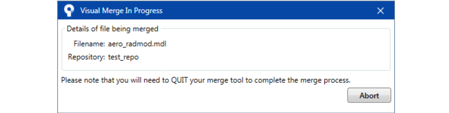 SourceTree Visual Merge In Progress dialog for aero_radmod.mdl in test_repo, saying to quit the merge tool to finish
