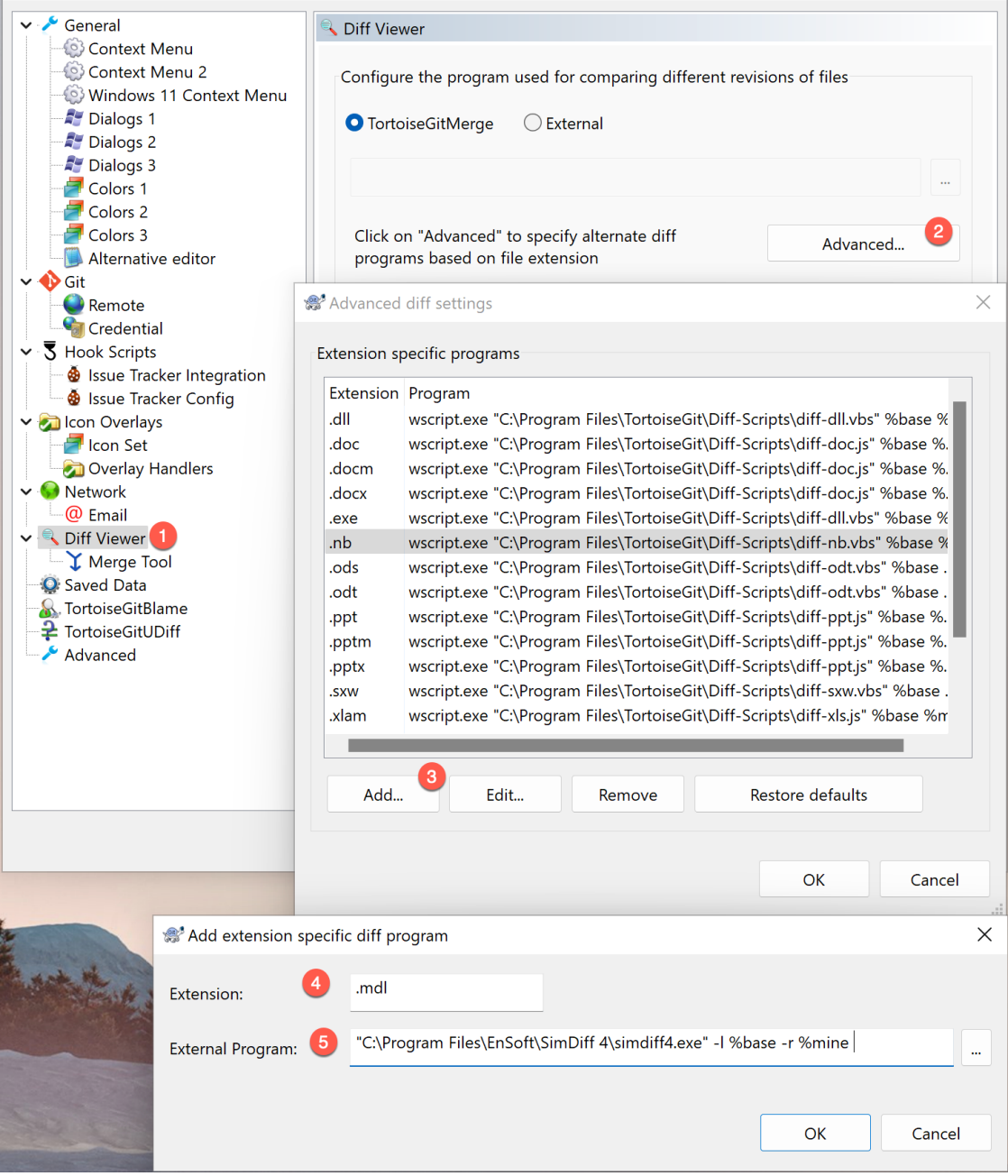 TortoiseGit advanced diff settings, numbered 1 to 5: Diff Viewer, Advanced, Add, extension .mdl, and external program SimDiff 4 simdiff4.exe with -l %base -r %mine