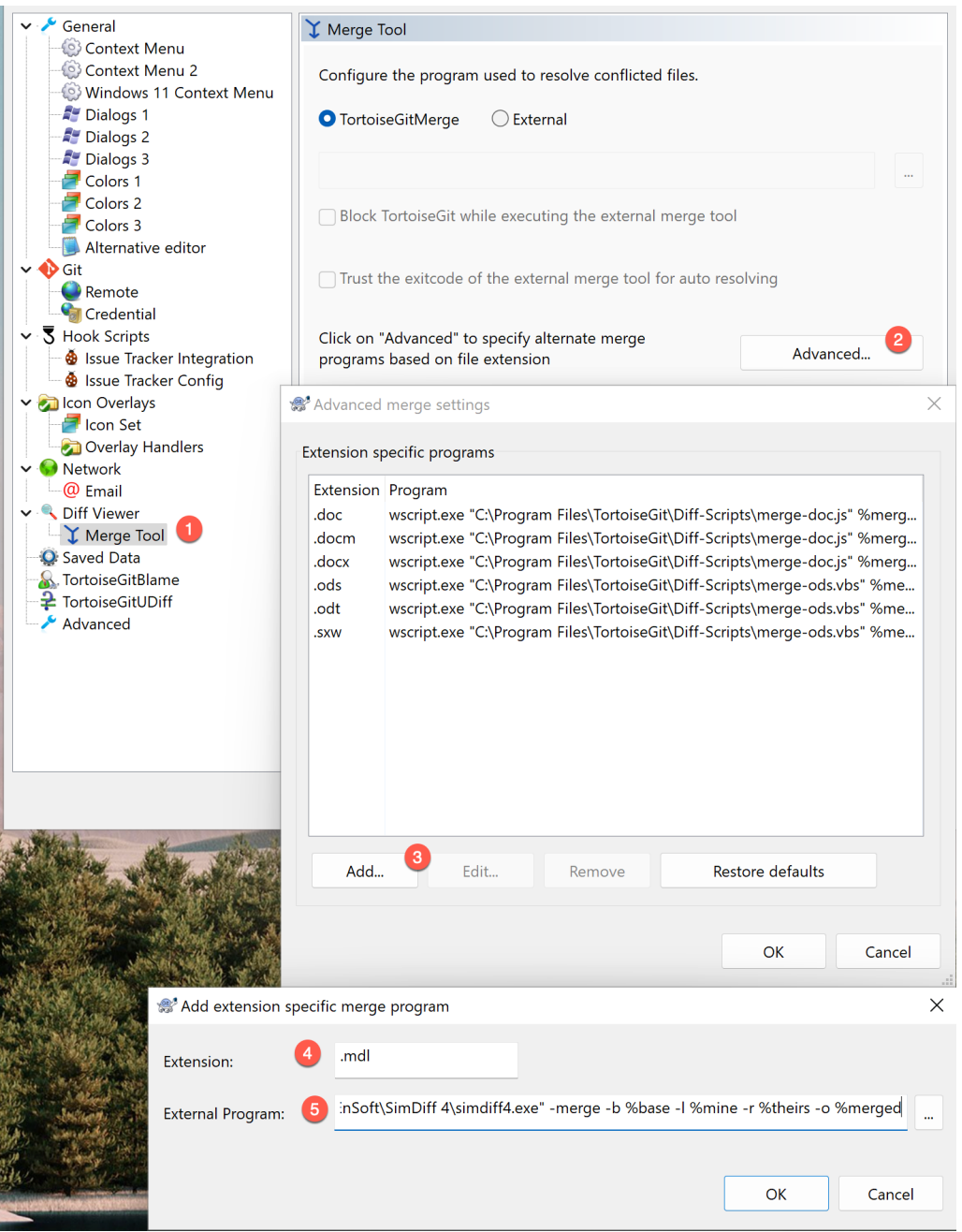 TortoiseGit Merge Tool settings, numbered 1 to 5: Merge Tool, Advanced, Add, extension .mdl, and an external program ending in EnSoft\\SimDiff 4\\simdiff4.exe with -merge -b %base -l %mine -r %theirs -o %merged