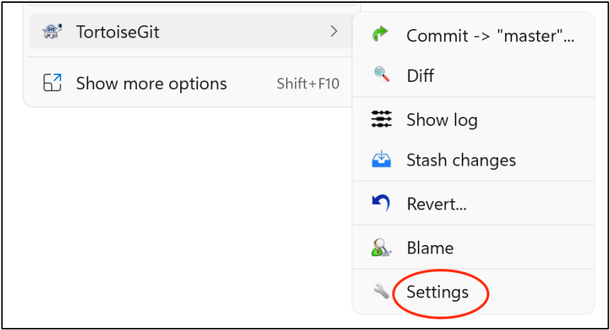 Windows Explorer menu with TortoiseGit open and Settings circled in red