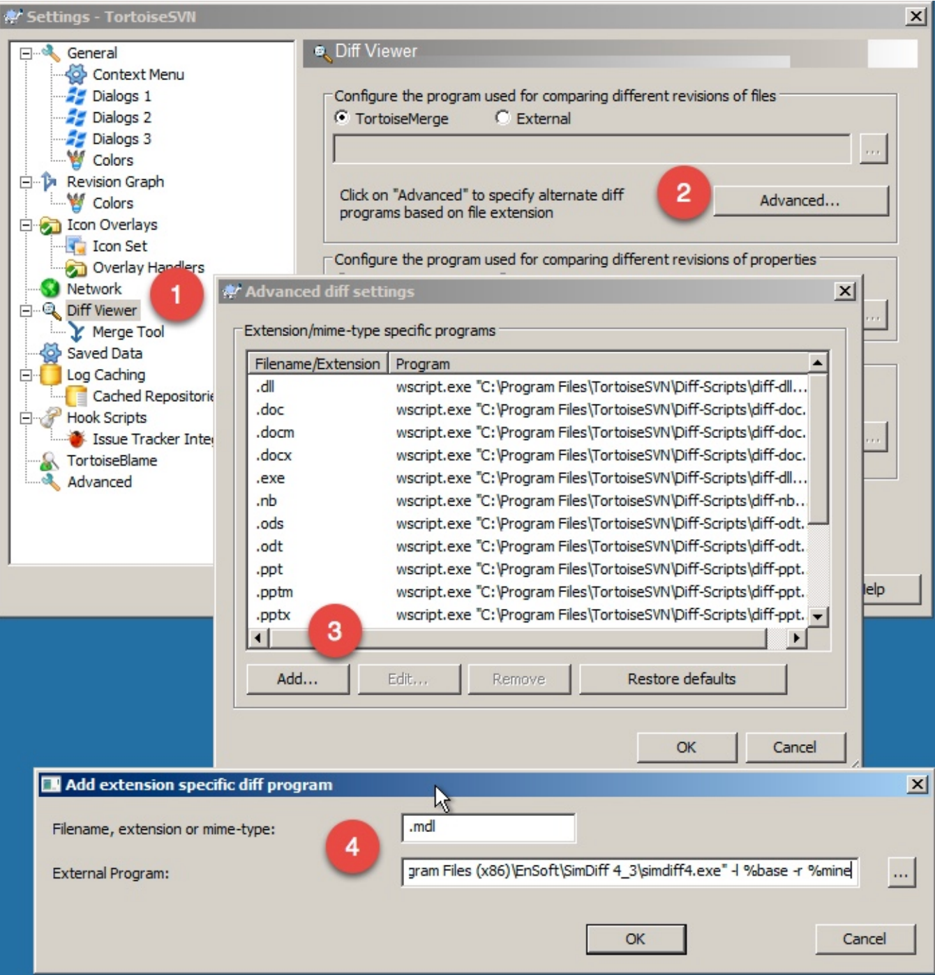 TortoiseSVN advanced diff settings, numbered 1 to 5: Diff Viewer, Advanced, Add, extension .mdl, and an external program path cut off at gram Files (x86)\\EnSoft\\SimDiff 4_3\\simdiff4.exe with -l %base -r %mine