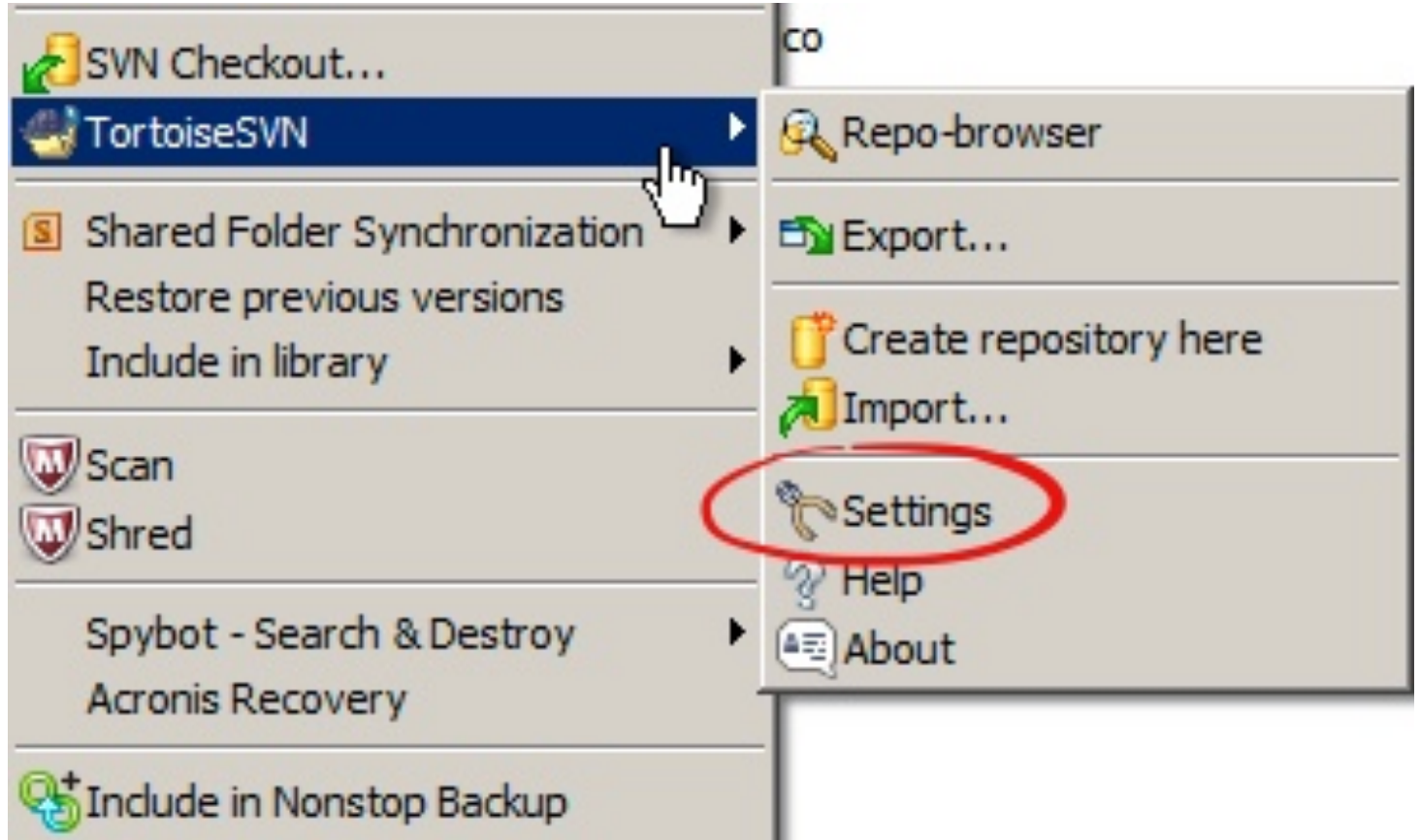 Windows Explorer menu with TortoiseSVN open and Settings circled in red